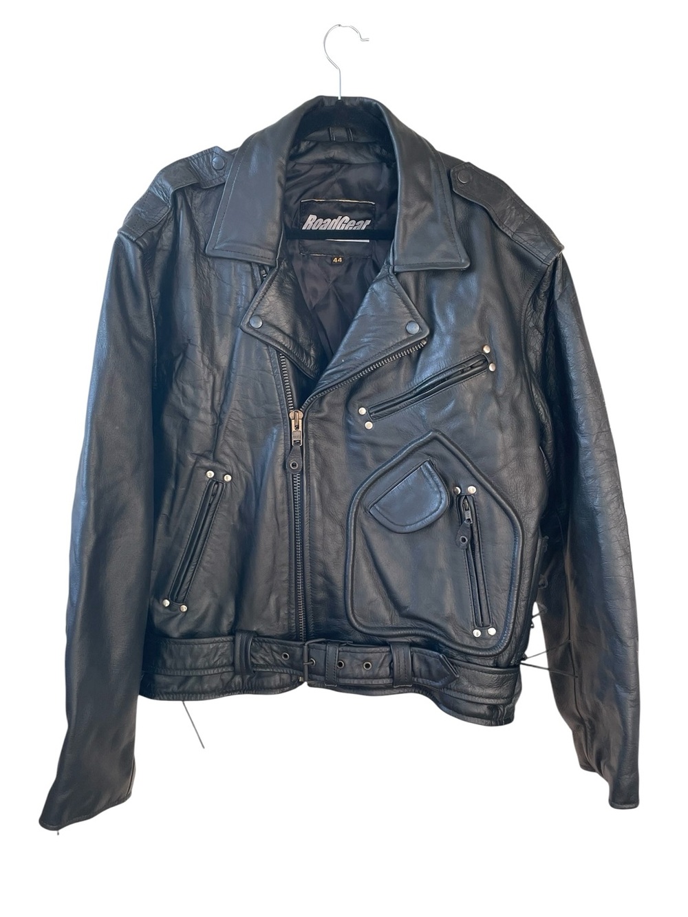 Vintage RoadGear Black Leather Motorcycle Biker Jacket Belted D-Pocket Size 44